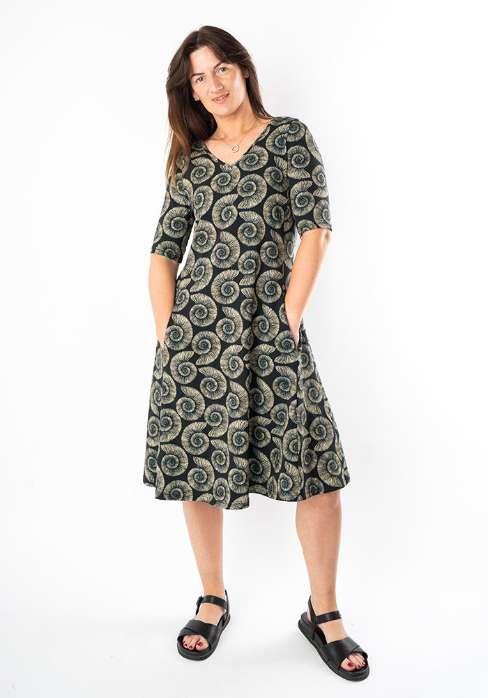 Third angle of Jones Fossil Print Cotton Trapeze Dress
