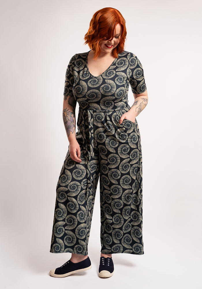Front view of Cove Fossil Print Culotte Leg Jumpsuit