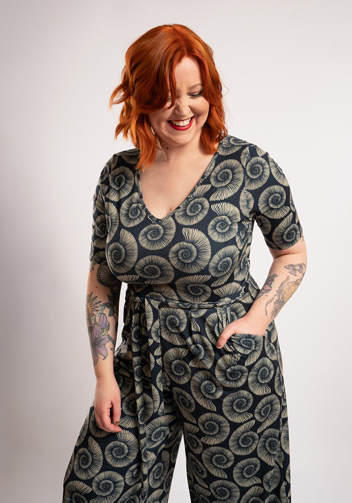 Third angle of Cove Fossil Print Culotte Leg Jumpsuit