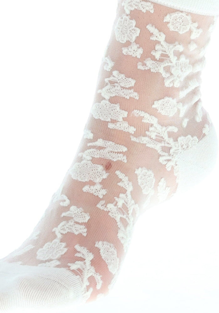 Third angle of Cream Floral Bloom Sheer Ankle Socks, a sheer ankle sock with a romantic cream floral print.