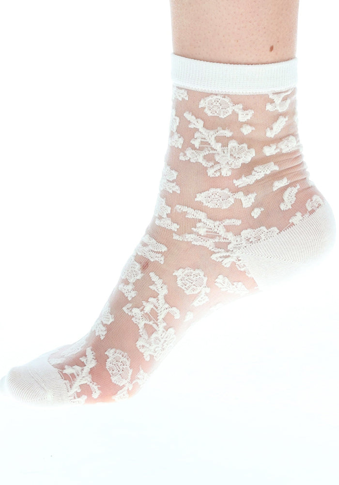 Front view of Cream Floral Bloom Sheer Ankle Socks, a sheer ankle sock with a romantic cream floral print.