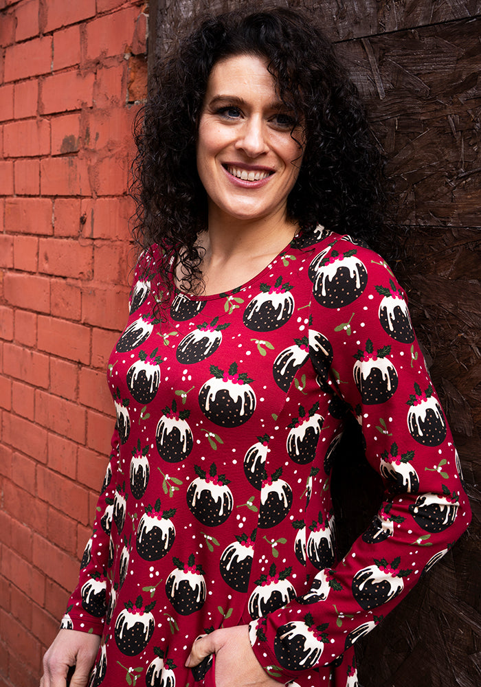 Crimson Christmas Puddings Print Cotton Dress
