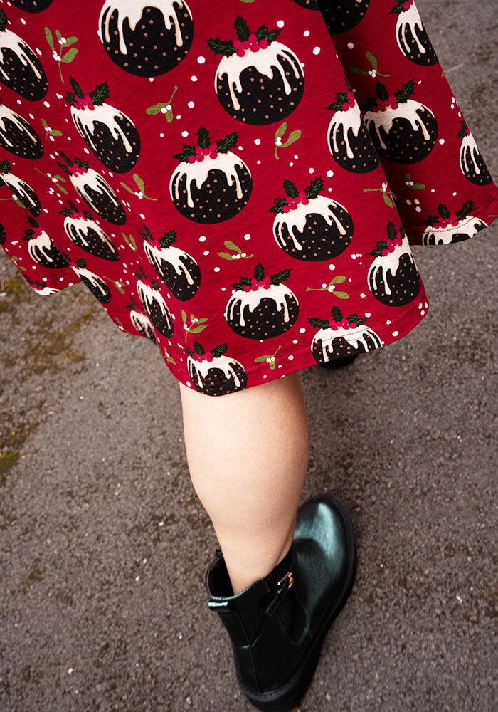 Crimson Christmas Puddings Print Cotton Dress