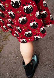 Crimson Christmas Puddings Print Cotton Dress