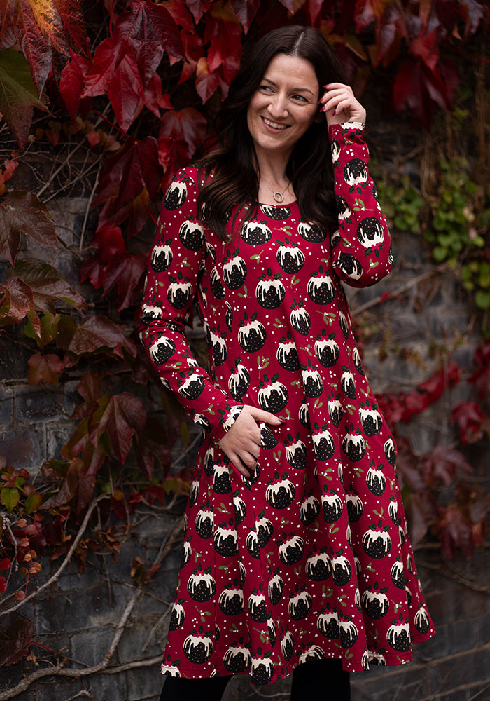 Crimson Christmas Puddings Print Cotton Dress