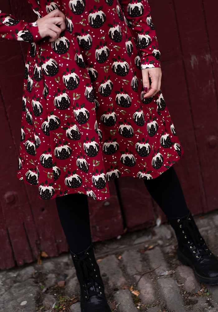 Crimson Christmas Puddings Print Cotton Dress