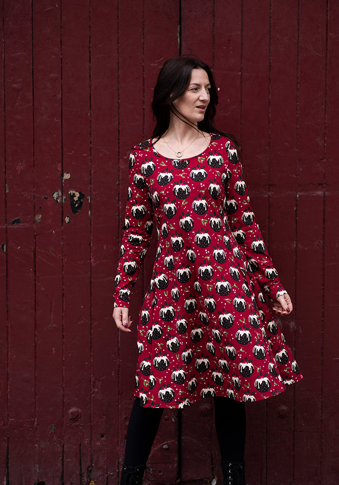 Crimson Christmas Puddings Print Cotton Dress