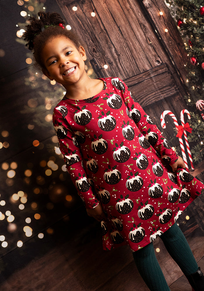 Children's Christmas Puddings Print Cotton Dress (Crimson)