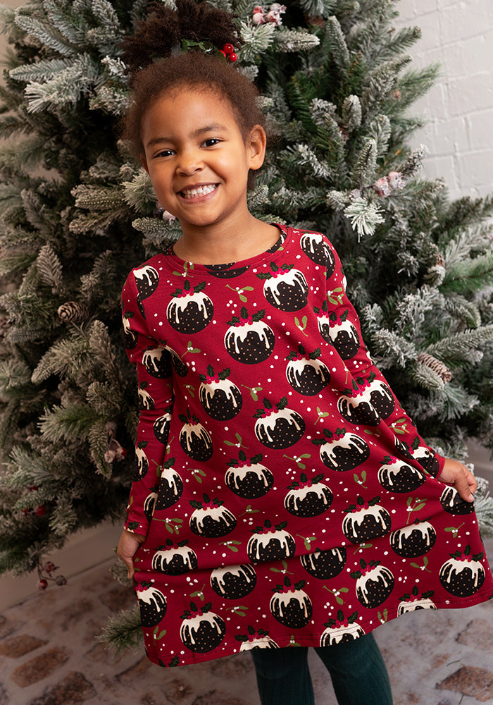 Children's Christmas Puddings Print Cotton Dress (Crimson)