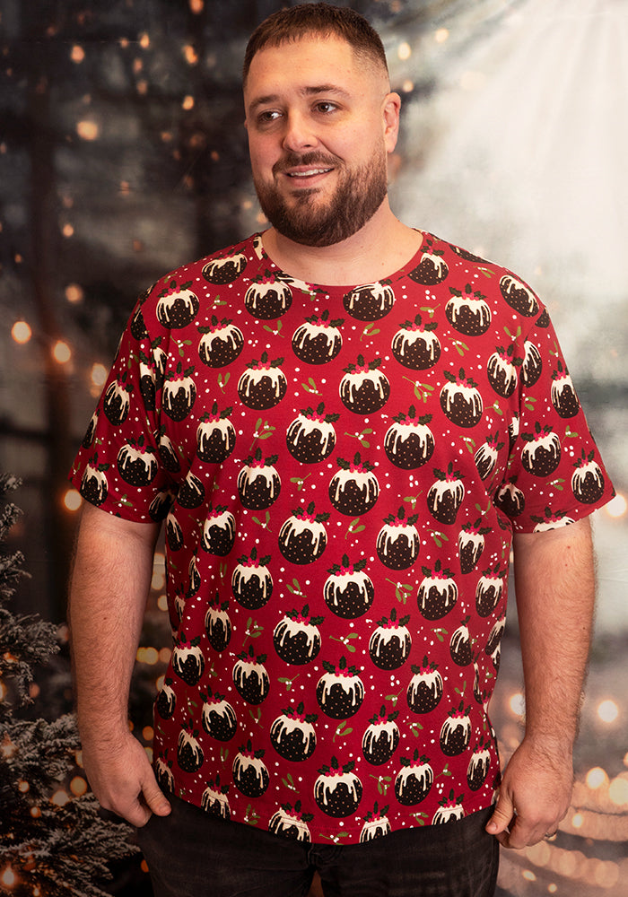 Crimson Christmas Puddings Print Adults Cotton T-Shirt