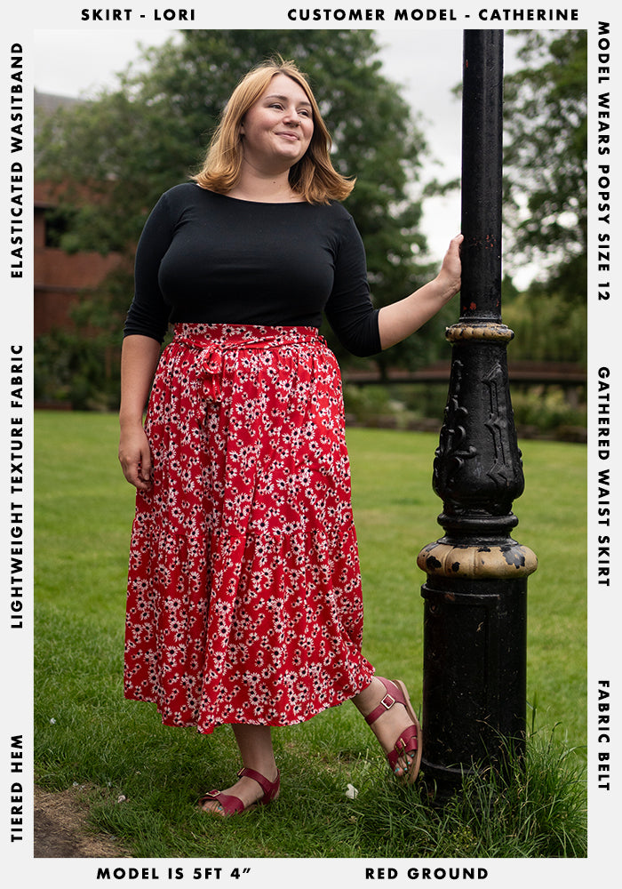 Lori Light Weight Red Ditsy Floral Print Tiered Hem Midi Skirt