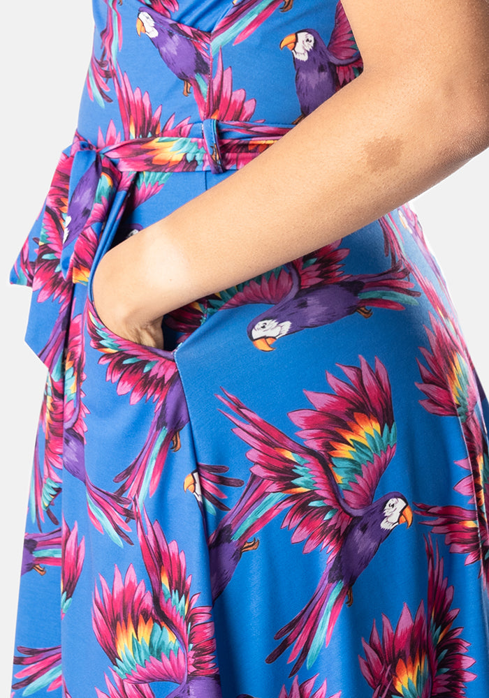 Cyrene Flying Parrot Print Midi Dress