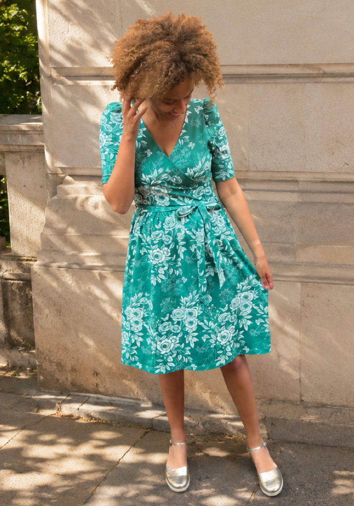 Marjolein Green &amp; White Sketched Botanical Print Cotton Dress
