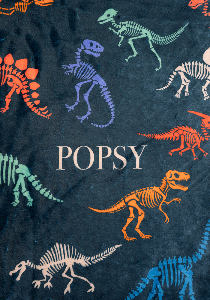 Teal Skeleton Dinosaur Print Plush Throw Blanket (Pop-Under)