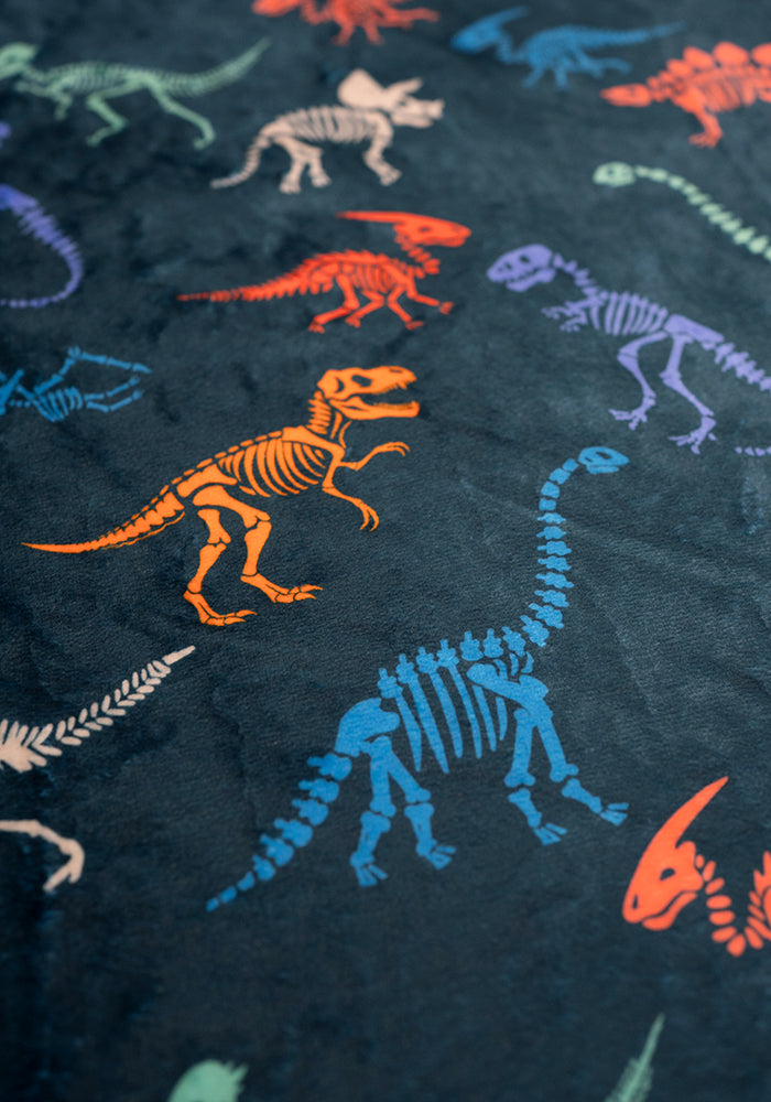 Teal Skeleton Dinosaur Print Plush Throw Blanket (Pop-Under)