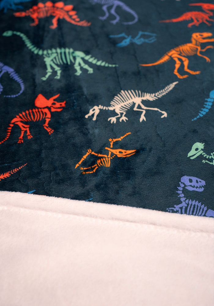 Teal Skeleton Dinosaur Print Plush Throw Blanket (Pop-Under)
