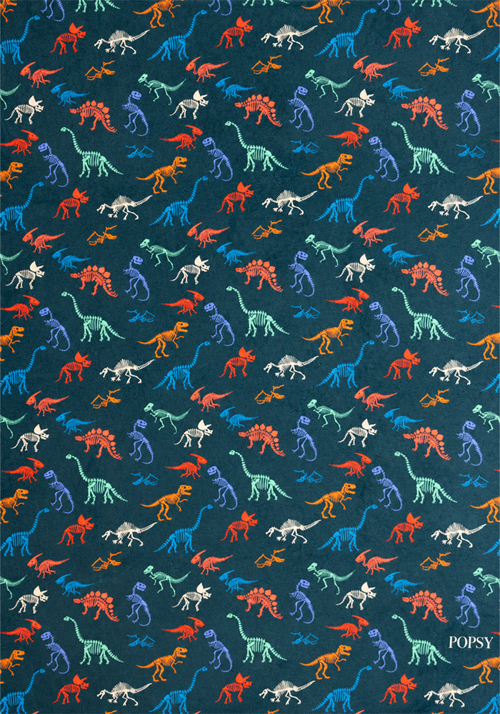 Teal Skeleton Dinosaur Print Plush Throw Blanket (Pop-Under)
