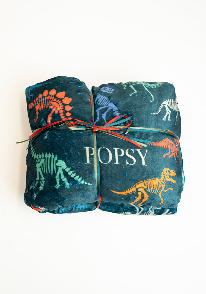 Teal Skeleton Dinosaur Print Plush Throw Blanket (Pop-Under)