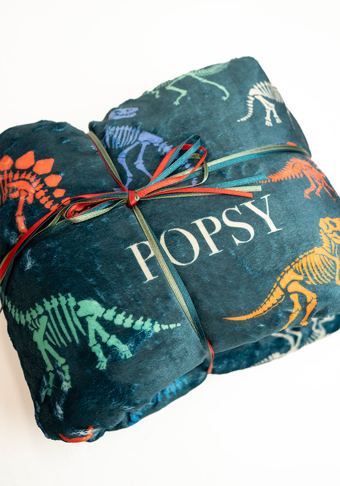 Teal Skeleton Dinosaur Print Plush Throw Blanket (Pop-Under)
