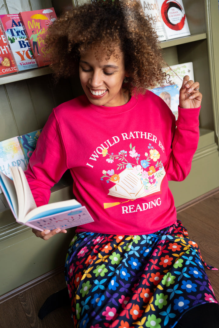 Front view of Rather Be Reading Print Sweatshirt (Hot Pink)