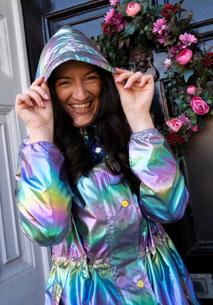 Front view of Rainbow Metallic Lightweight Fashion Mac Coat