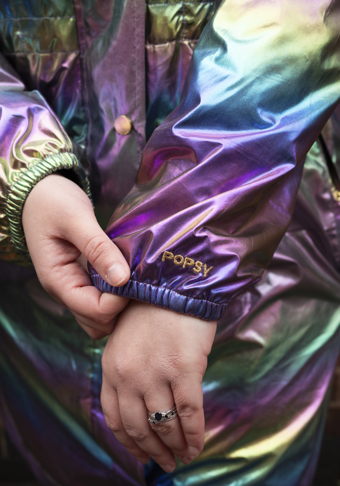 Third angle of Rainbow Metallic Lightweight Fashion Mac Coat