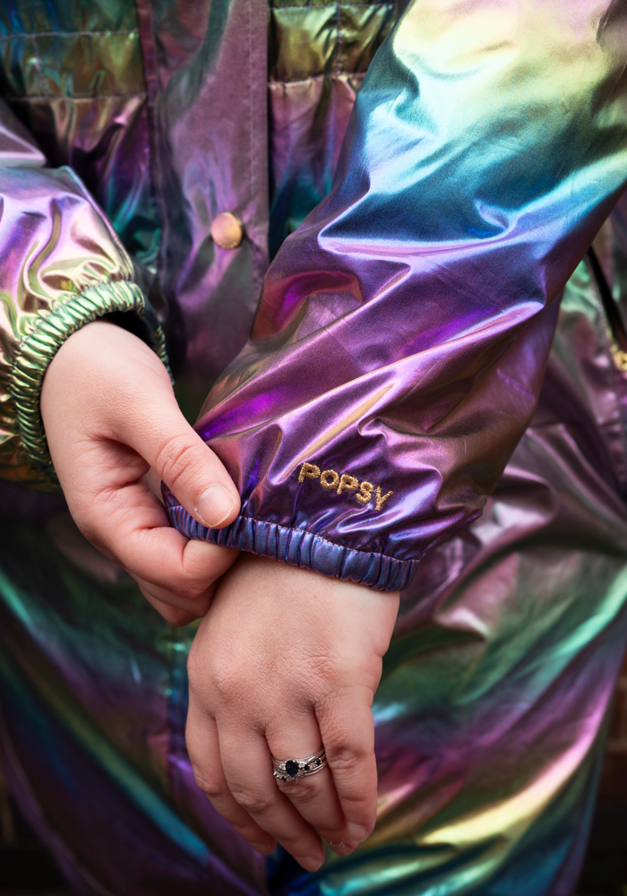 Third angle of Rainbow Metallic Lightweight Fashion Mac Coat