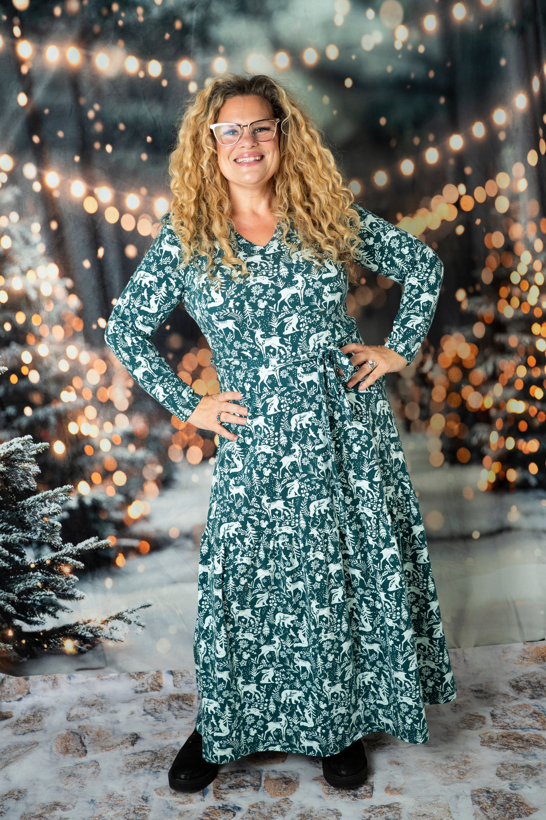 Emmeline Teal Woodland Animals Print Cotton Midaxi Dress