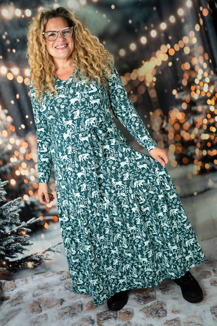 Emmeline Teal Woodland Animals Print Cotton Midaxi Dress