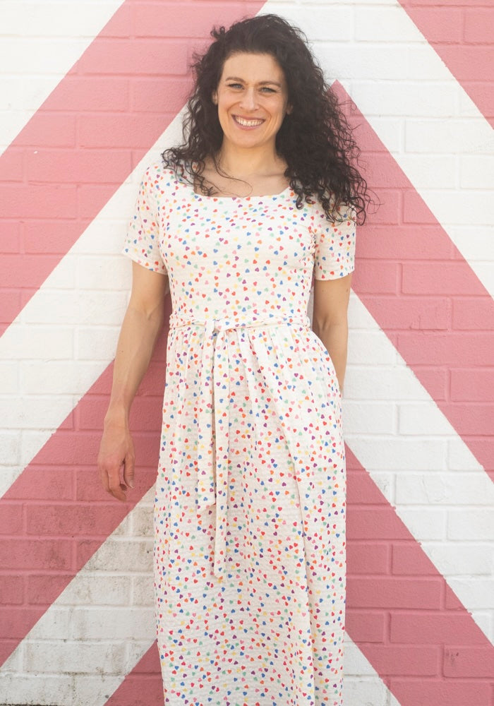 Front view of Dexie Multicolour Hearts Print Midi Dress