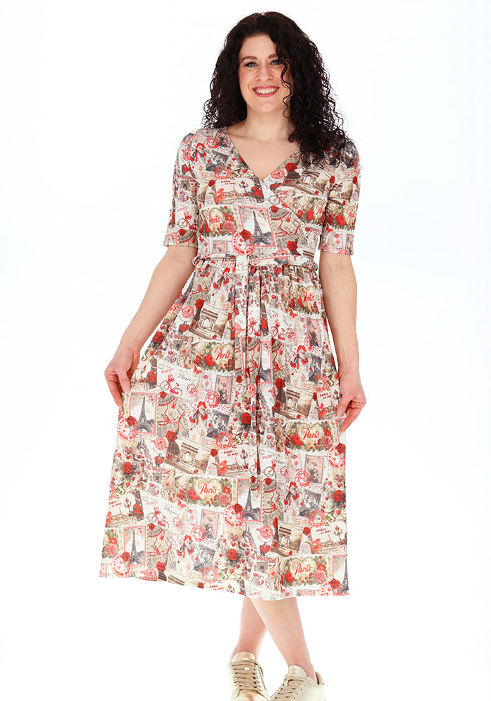 Front view of Dahlia Paris Print Midi Dress, dahlia Paris Print Midi Dress A dress that tells a story.