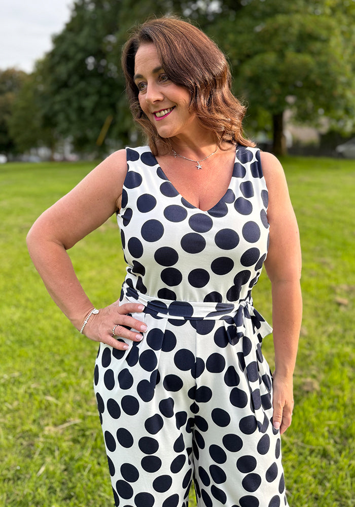 Dally Navy/Cream Large Spot Full Leg Jumpsuit