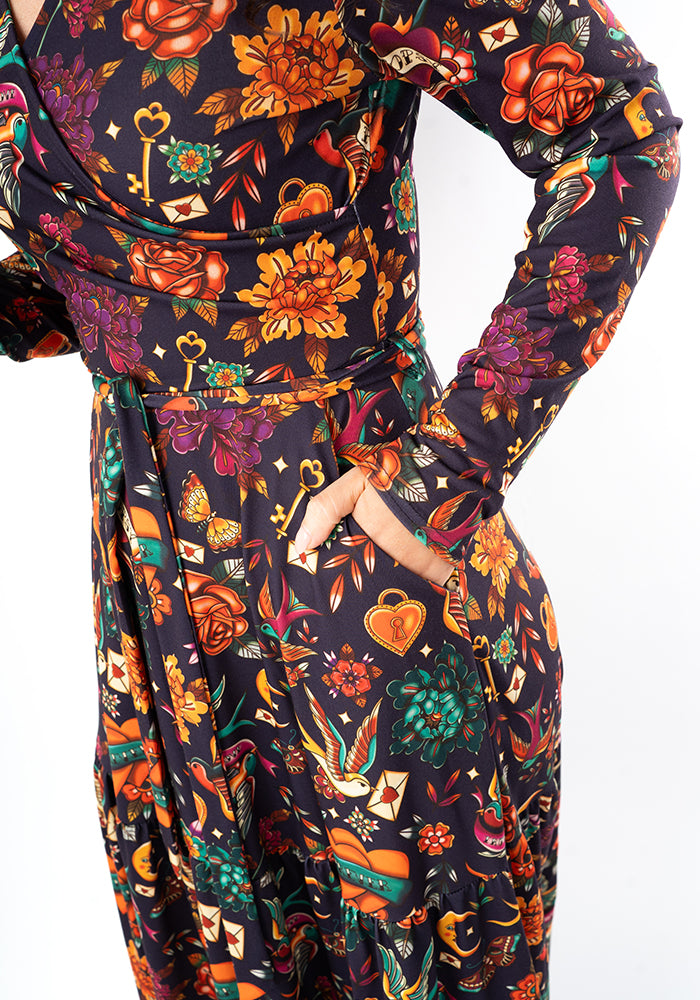 Fourth angle of Danika Purple Tattoo Print Midaxi Dress