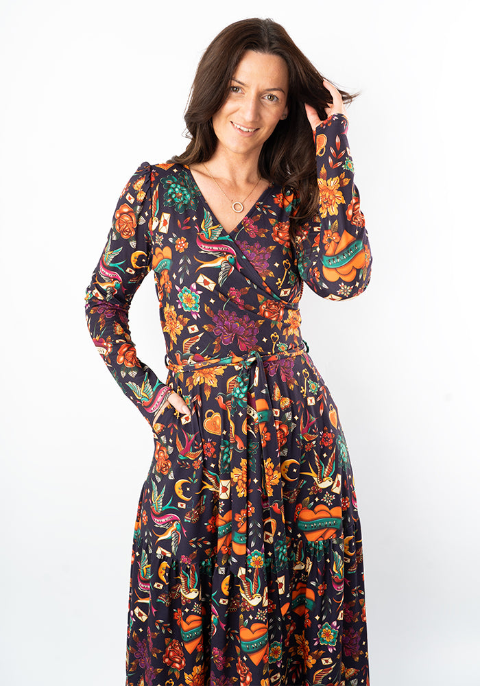 Ninth angle of Danika Purple Tattoo Print Midaxi Dress
