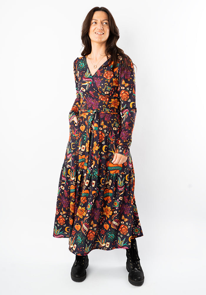 Sixth angle of Danika Purple Tattoo Print Midaxi Dress