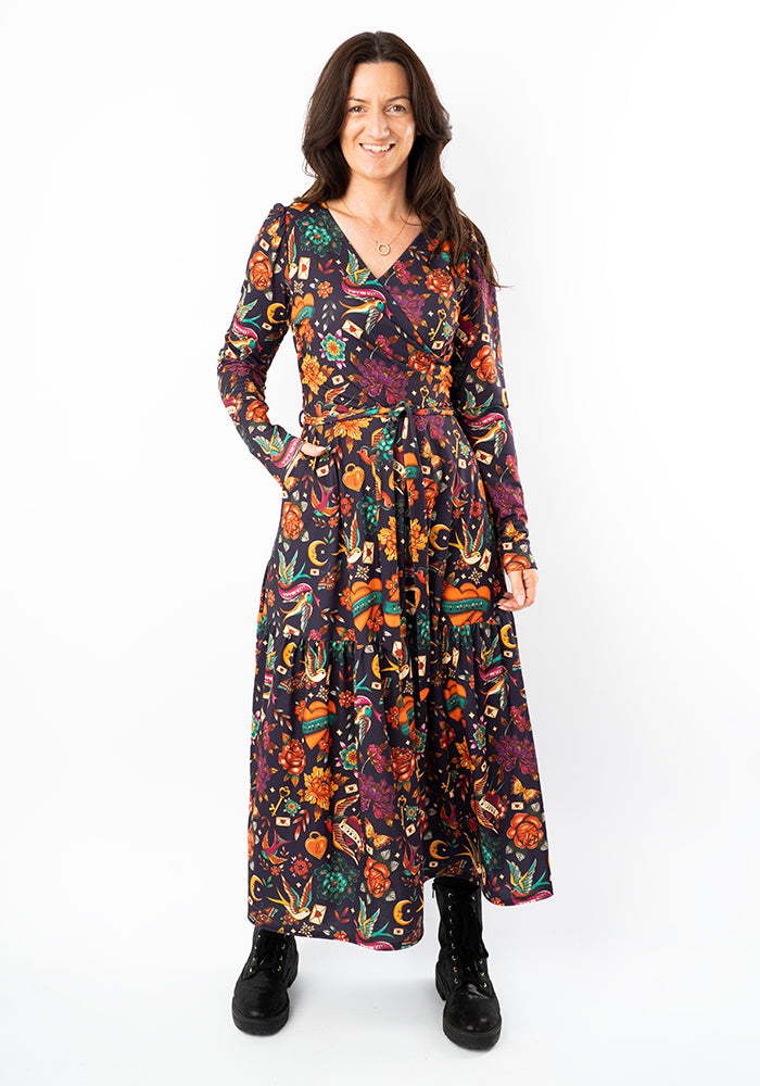 Third angle of Danika Purple Tattoo Print Midaxi Dress