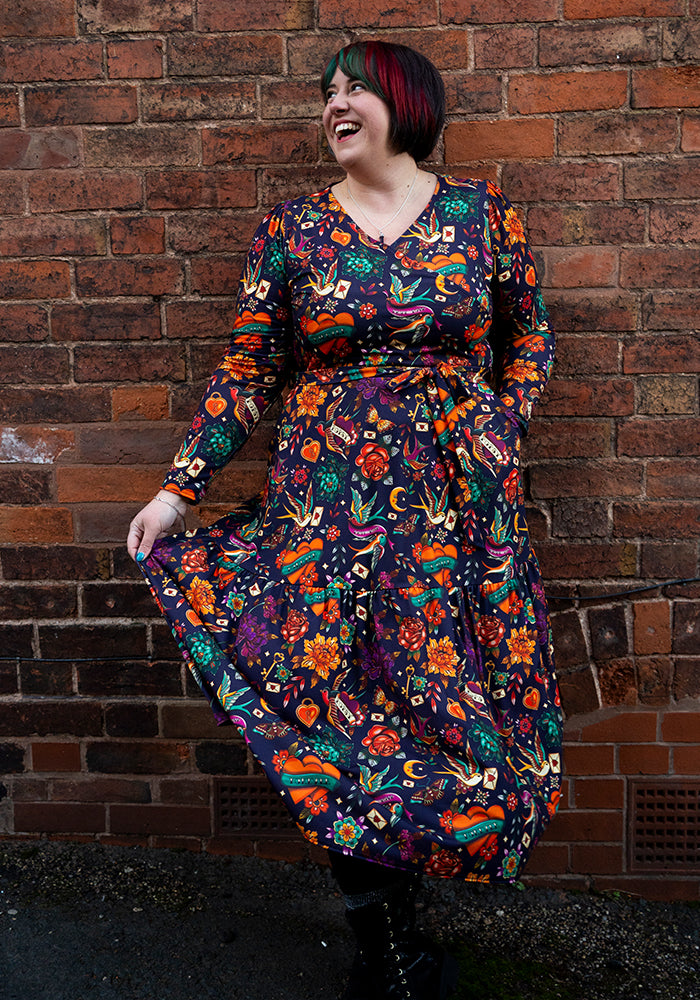 Front view of Danika Purple Tattoo Print Midaxi Dress