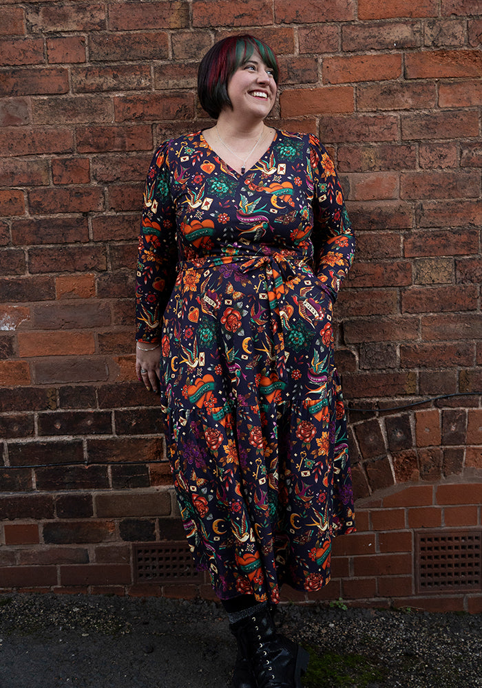 Eighth angle of Danika Purple Tattoo Print Midaxi Dress
