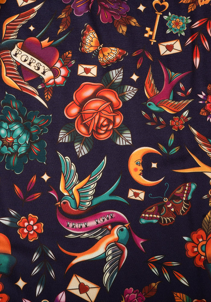 Second angle of Danika Purple Tattoo Print Midaxi Dress