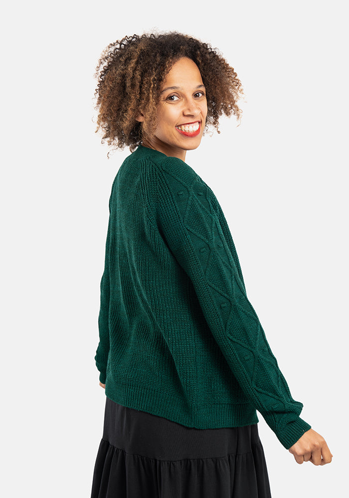 Dark Green Cable Sleeve Cardigan