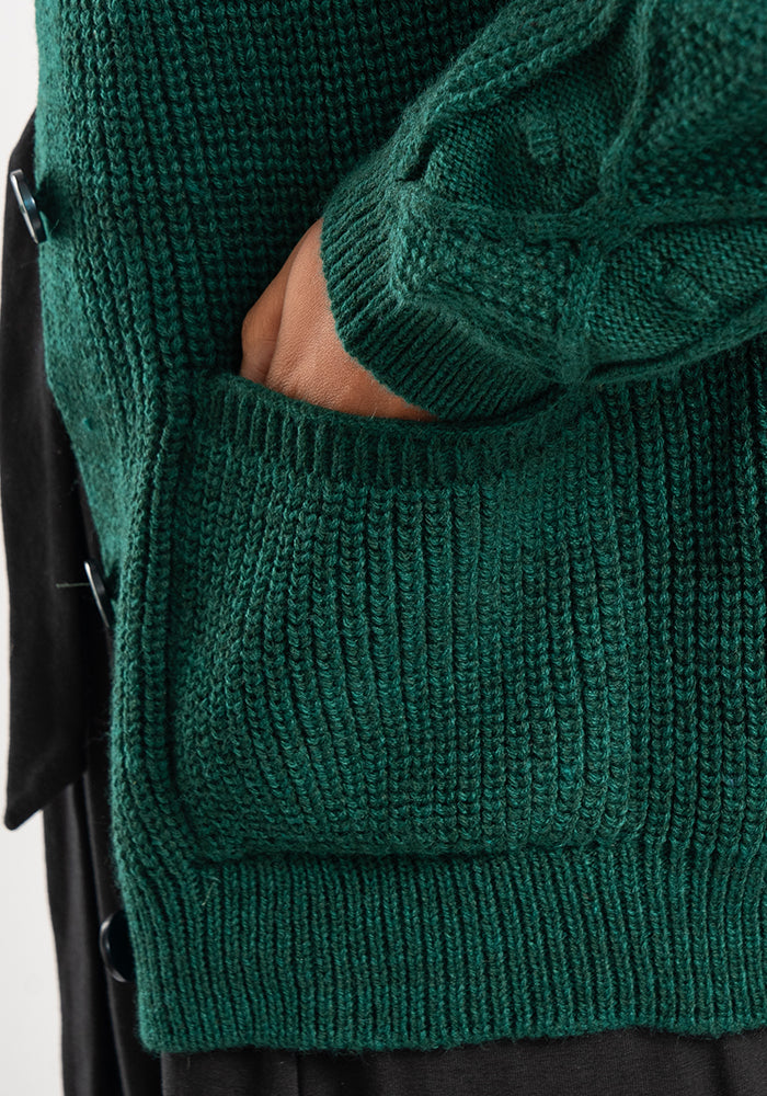 Dark Green Cable Sleeve Cardigan