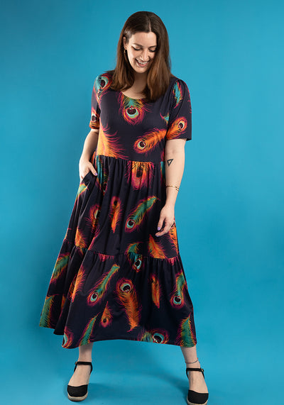 Dayana Large Feather Print Tiered Hem Midaxi Dress