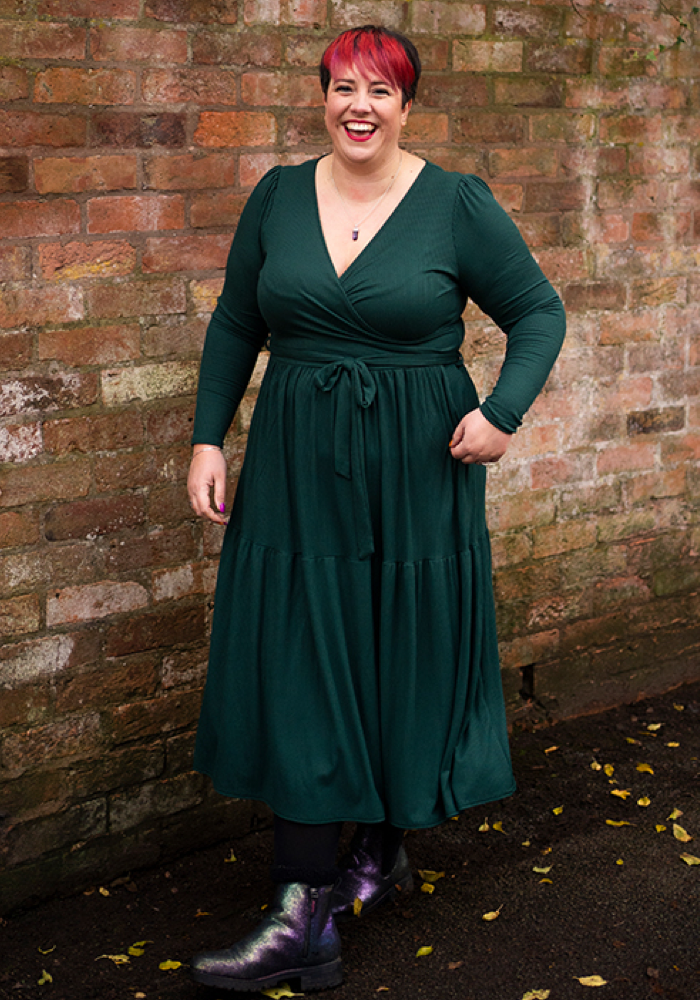 Front view of Deana Bottle Green Tiered Hem Midi Dress