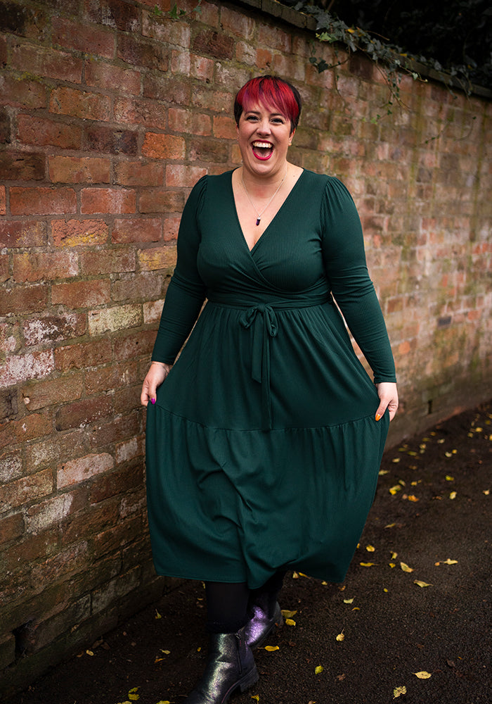 Third angle of Deana Bottle Green Tiered Hem Midi Dress