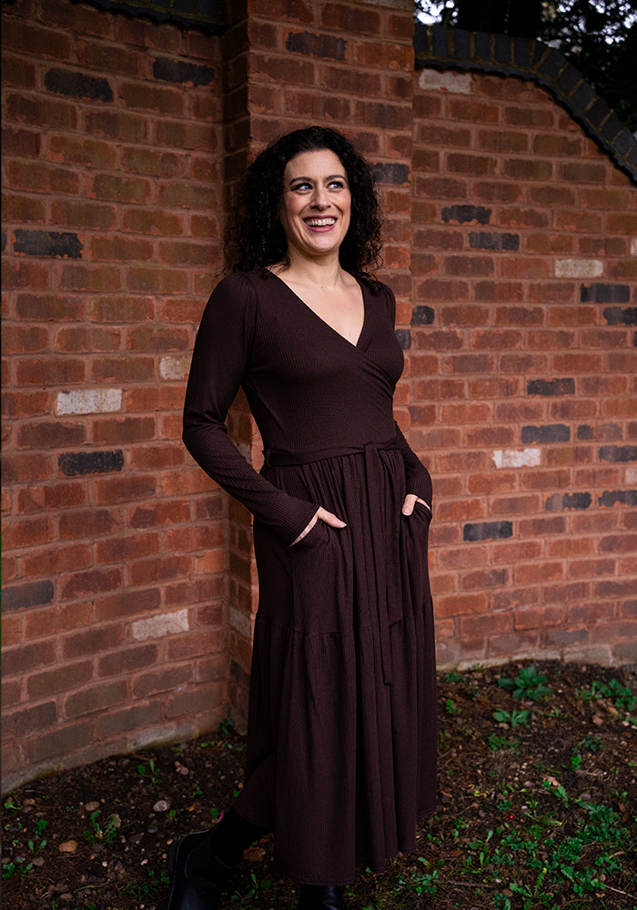 Front view of Deana Chocolate Brown Tiered Hem Midi Dress