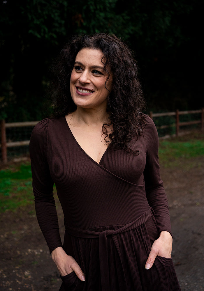 Third angle of Deana Chocolate Brown Tiered Hem Midi Dress