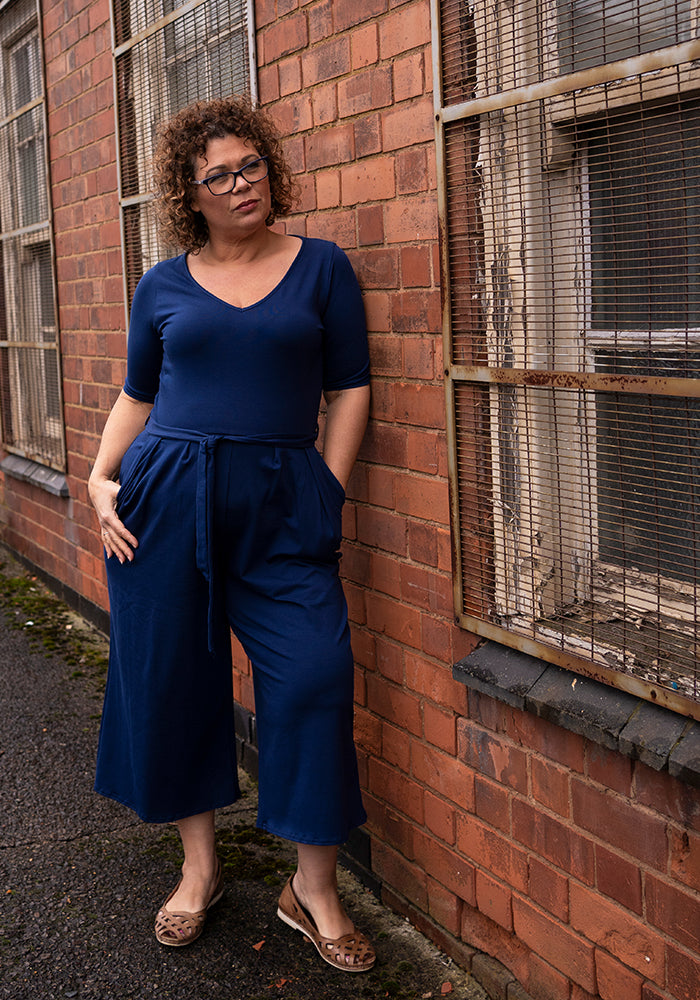 Third angle of Declan Navy Cotton Culotte Leg Jumpsuit