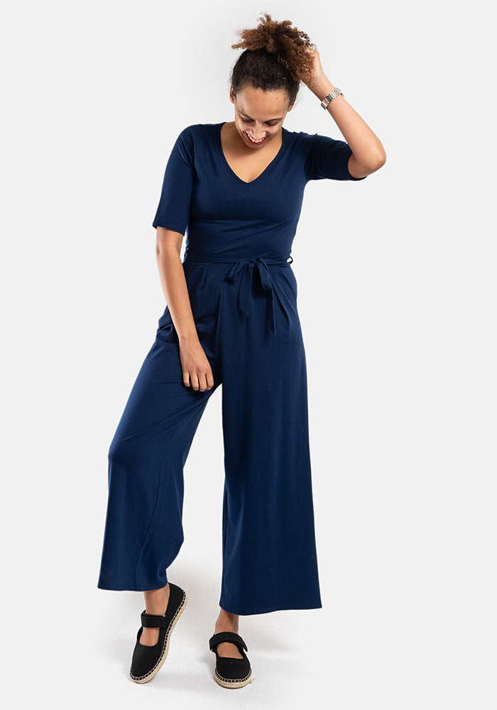 Front view of Declan Navy Cotton Culotte Leg Jumpsuit