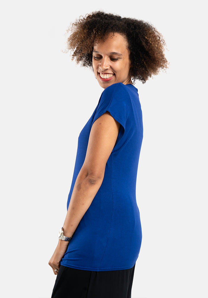 Deep Royal Blue Extended Shoulder Round Neck Top