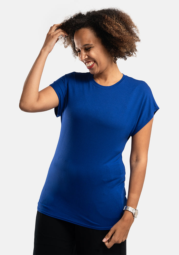 Front view of Deep Royal Blue Extended Shoulder Round Neck Top